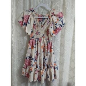 Floral Smocked Mini Dress Tiered Ruffle‎ Boho Cream S/M